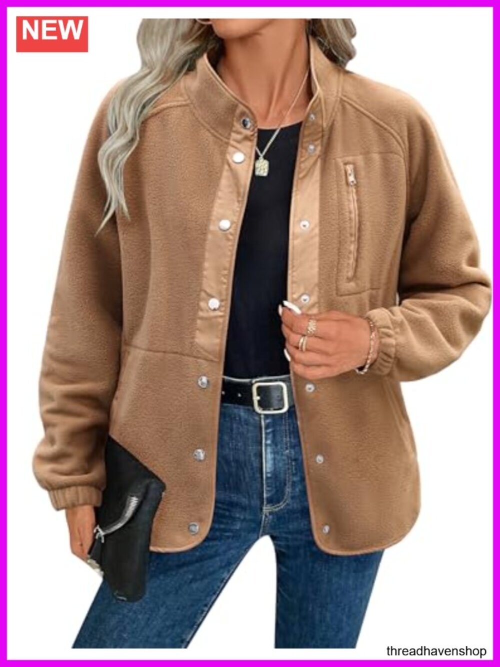 Cozy Fleece Jacket Western Aztec Print Snap Button Down Coat with Pockets
